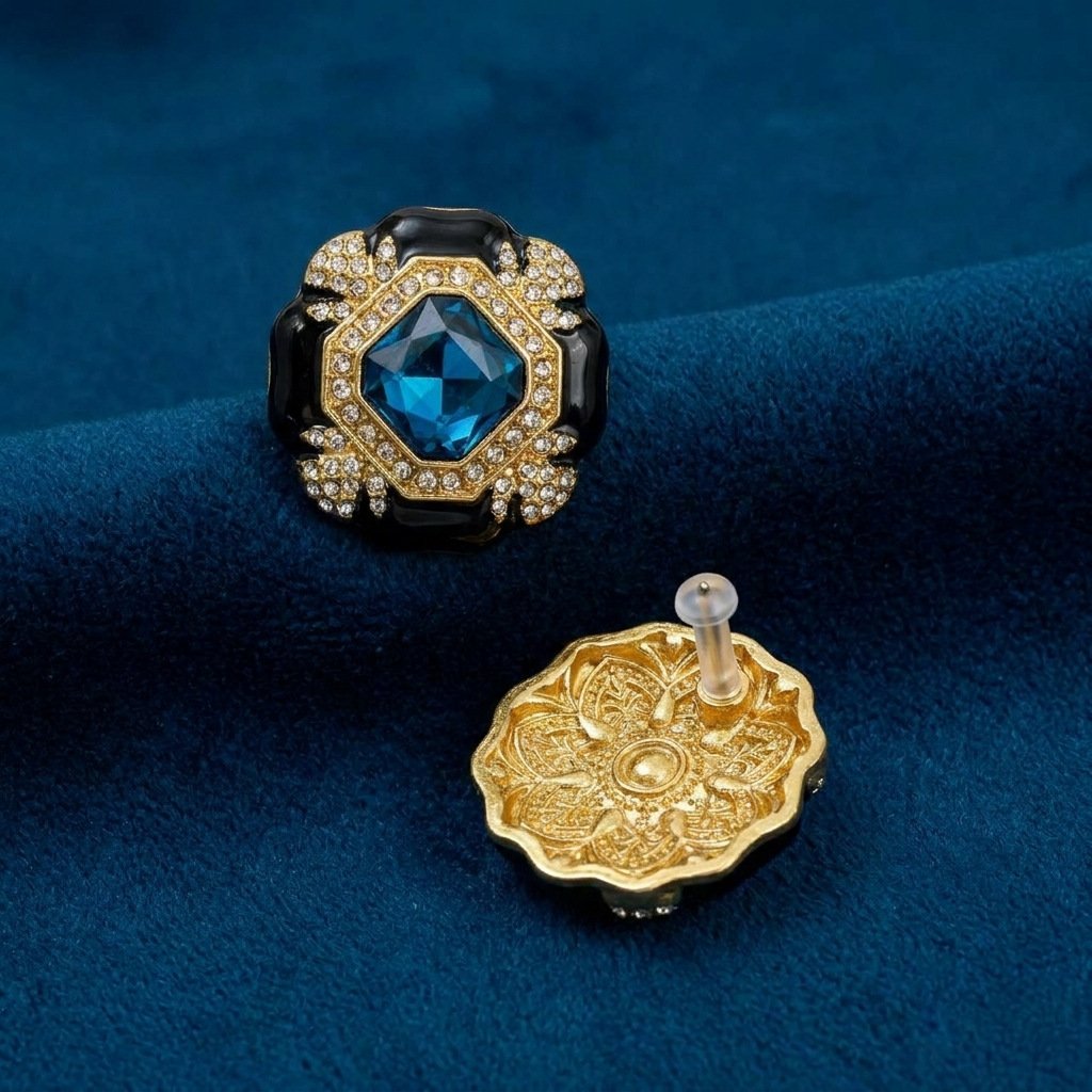 Vintage Palace Style Black Enamel Rhinestone Earrings - Image 3