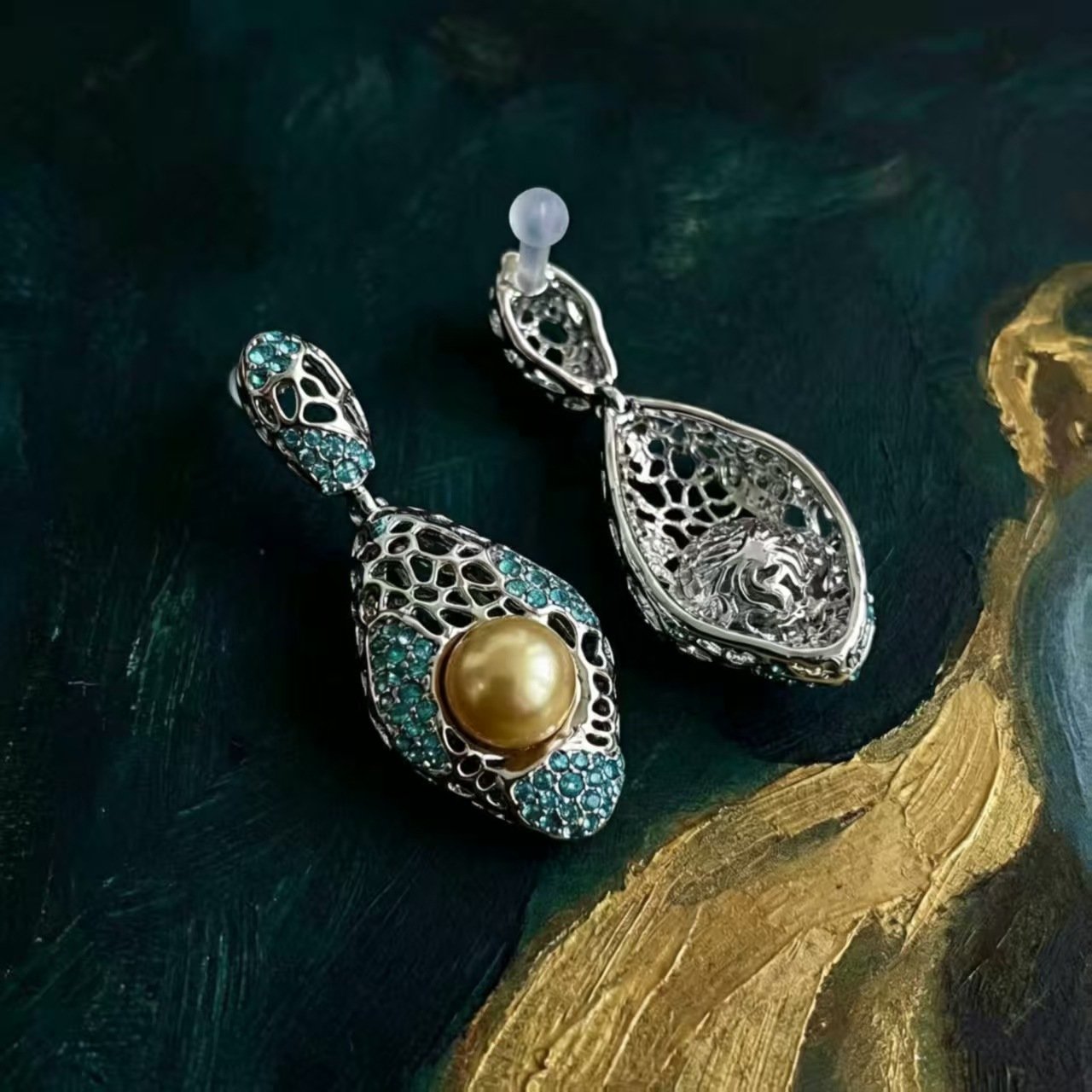 Vintage Palace Style Fashion Gold Bead & Blue Zircon Hollow Drop Earrings - Image 3