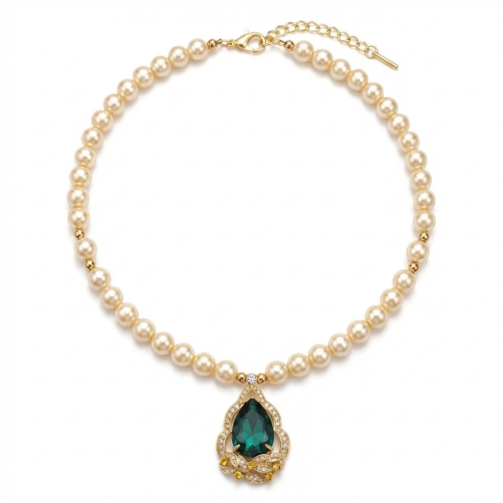 Vintage Eastern Inspired Emerald Green Pearl Necklace & Earring Set - Image 5