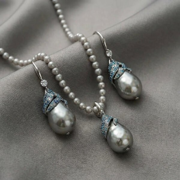 Vintage Luxury Gray Baroque Glass Pearl Necklace & Earring Set
