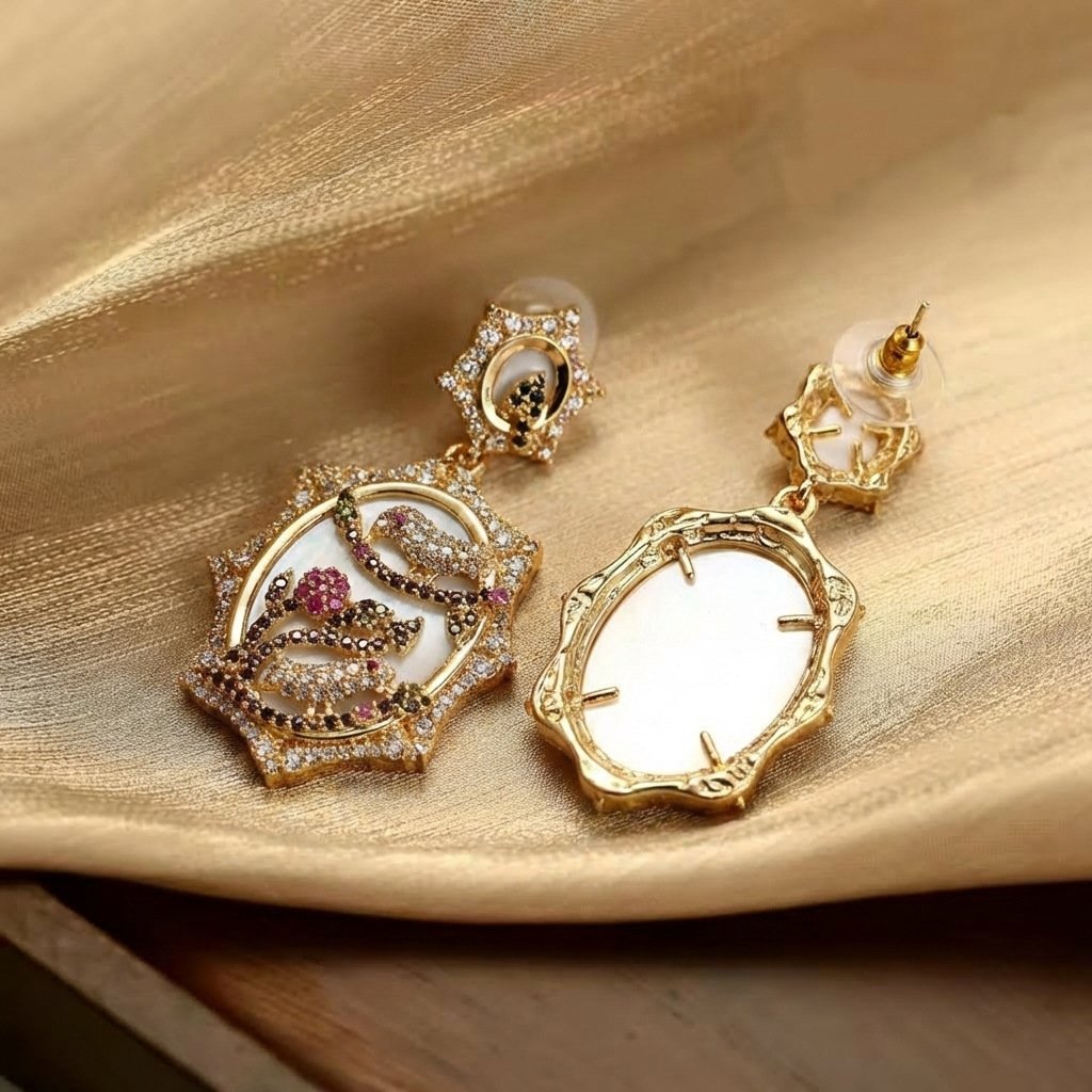 Vintage Unique Design Resin Flower & Bird Drop Earrings - Image 3