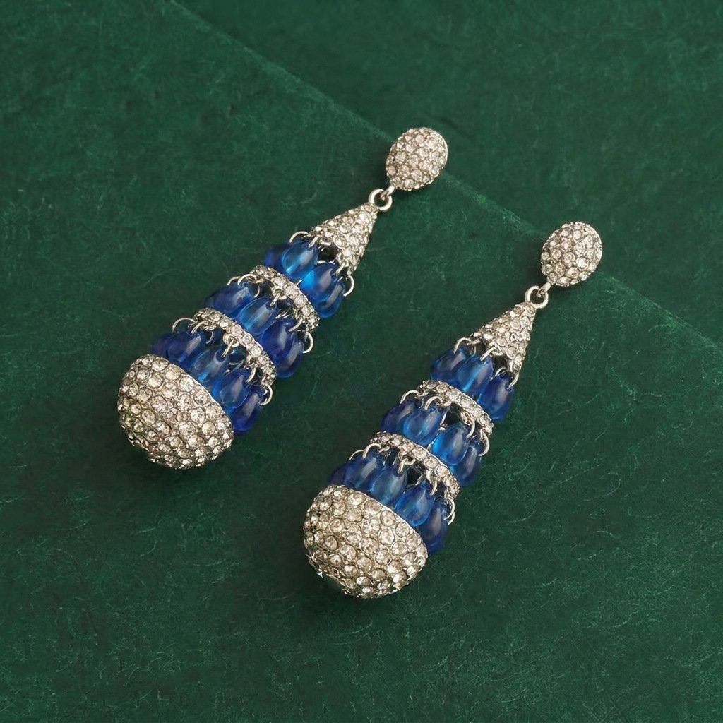 Vintage Heavy-Design Blue Zircon Teardrop Earrings - Image 2