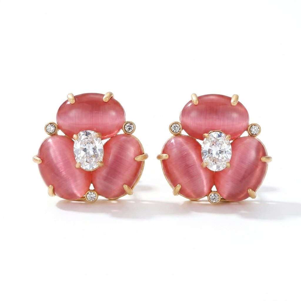 Vintage Soft Sakura Pink Cats Eye & Pearl Jewelry Set - Image 5