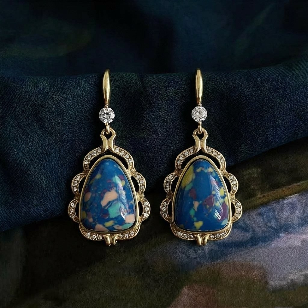Vintage Palace Style Speckled Blue Stone Drop Earrings