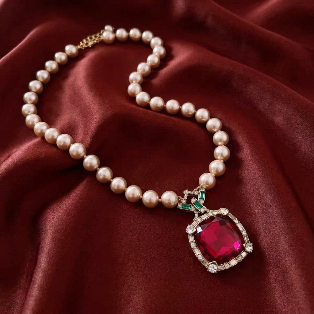 Vintage European Style õ Red Rhinestone & Green Contrast Jewelry Set - Image 3