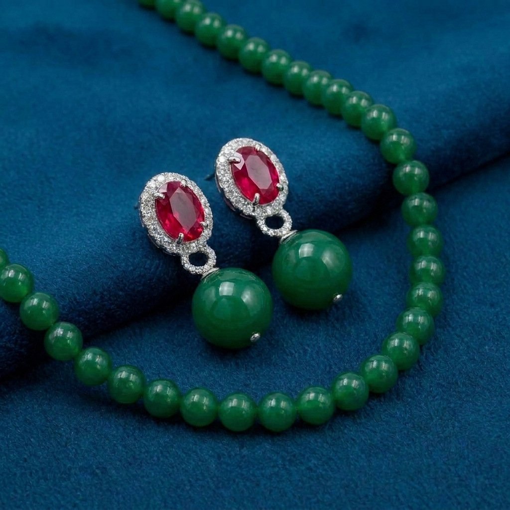 Vintage Eastern Inspired Deep Green Glass & Ruby-Tone Contrast Jewelry Set - Image 2
