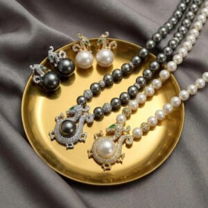 Vintage Eastern Inspired Dragon Pattern Gold & Gray Glass Pearl Set