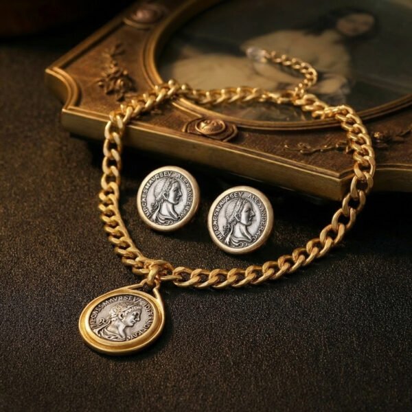Vintage Palace Style Ancient Coin Portrait Necklace & Earring Set