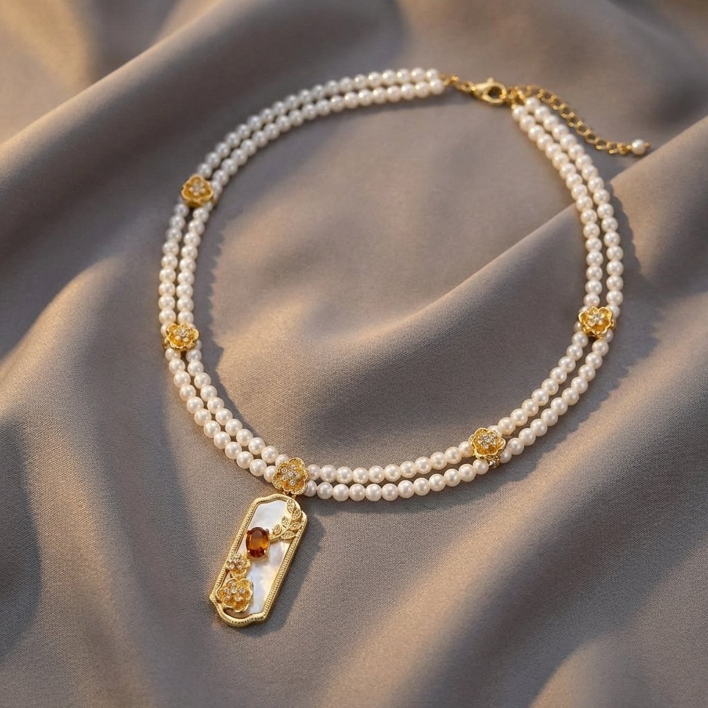 Vintage Eastern Inspired White Resin Glass Pearl Necklace & Earring Set - Image 4
