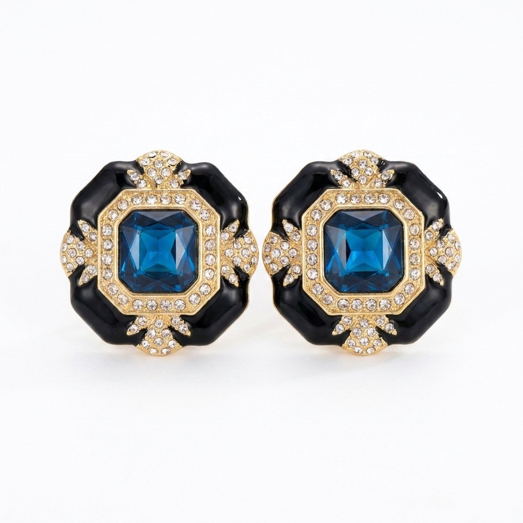 Vintage Palace Style Black Enamel Rhinestone Earrings - Image 4