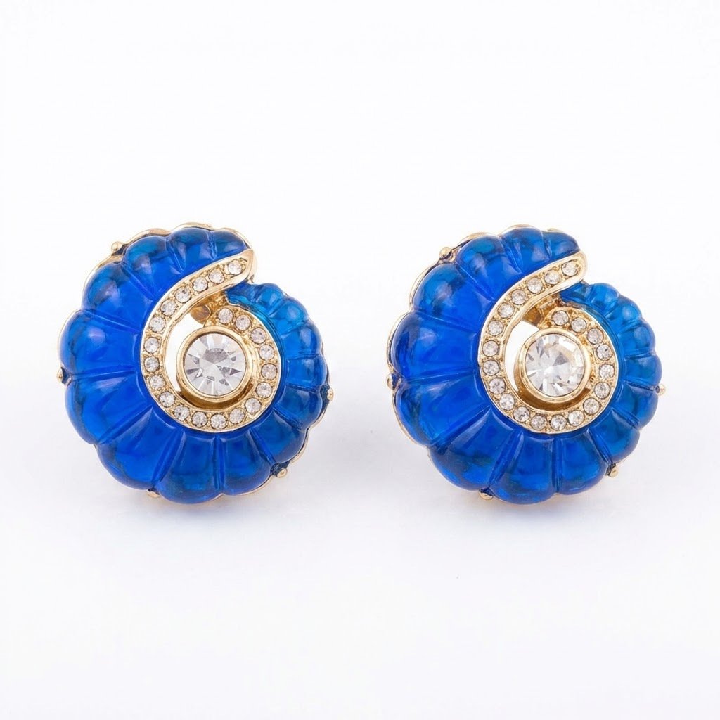 Vintage Palace Style Blue Glass Spiral Stud Earrings - Image 4