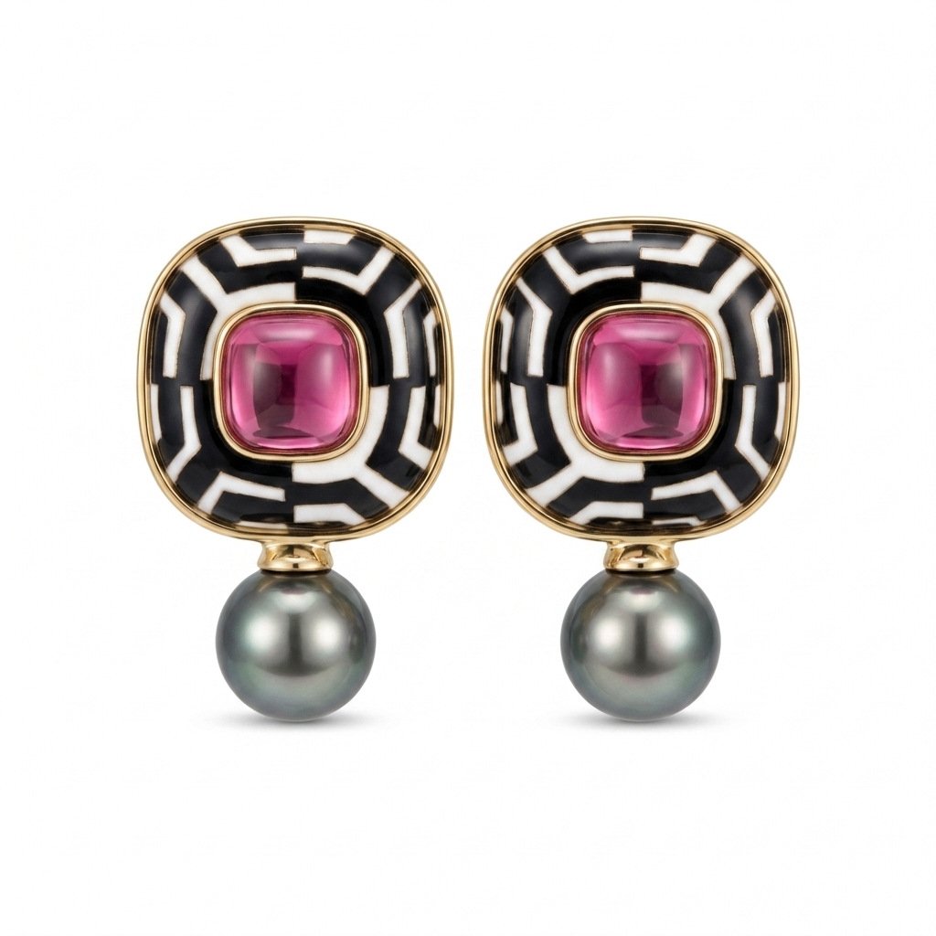 Vintage Palace Style Geometric Enamel Gray Pearl Stud Earrings - Image 4