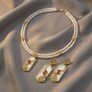 Vintage Eastern Inspired White Resin Glass Pearl Necklace & Earring Set