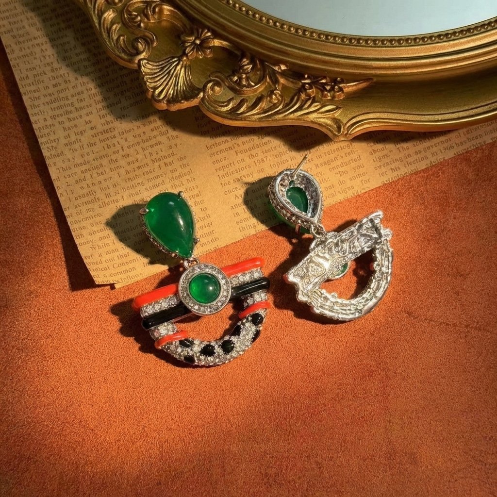 Vintage Unique Design Fan Shape Multi-Stone Glass Drop Earrings - Image 3