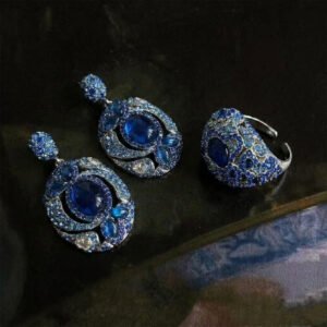 Vintage Ocean Gradient Full Zircon Blue Stone Earring & Ring Set