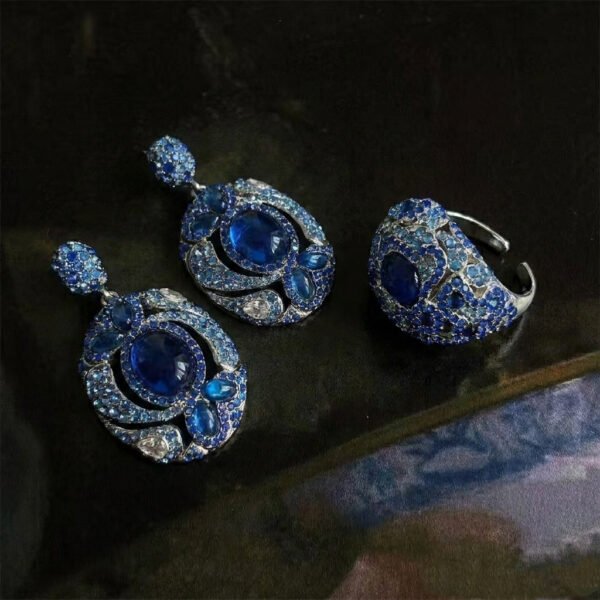 Vintage Ocean Gradient Full Zircon Blue Stone Earring & Ring Set
