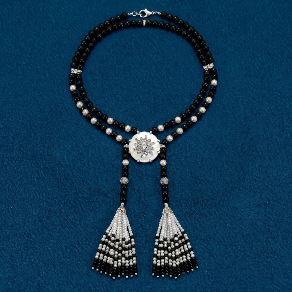 Vintage Hepburn Style Black Bead Tassel Jewelry Set - Image 4