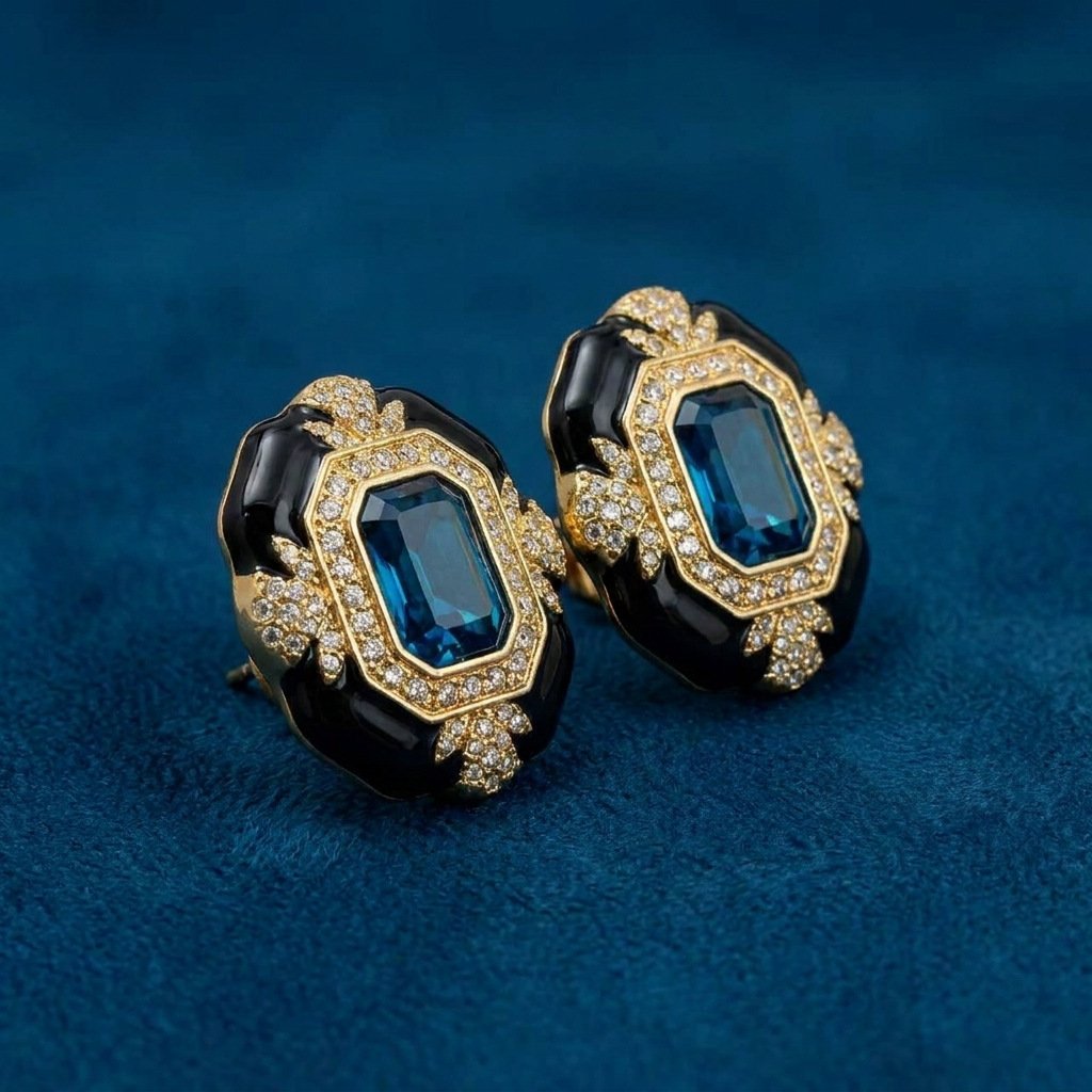 Vintage Palace Style Black Enamel Rhinestone Earrings - Image 2
