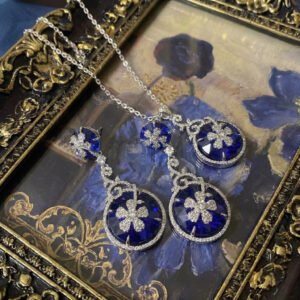 Vintage Blue Glass Four-Leaf Clover Jewelry Set