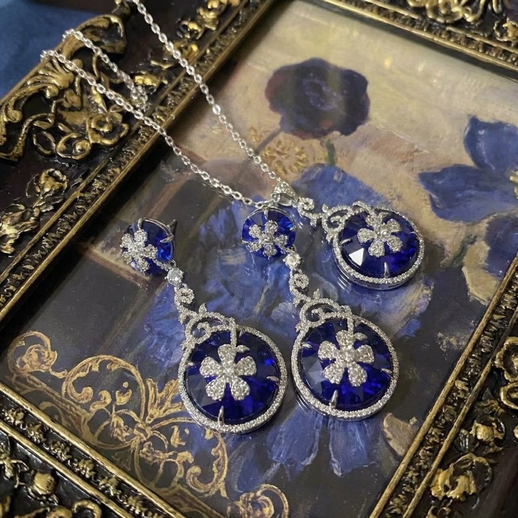 Vintage Blue Glass Four-Leaf Clover Jewelry Set - Image 2