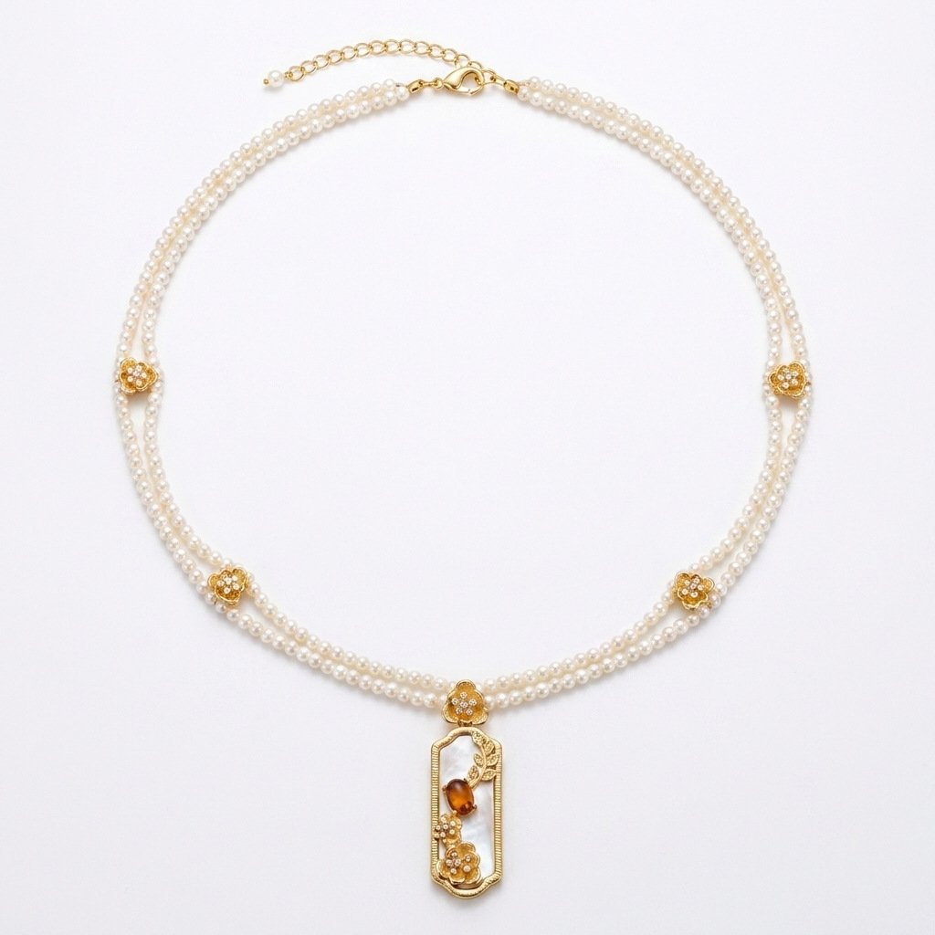 Vintage Eastern Inspired White Resin Glass Pearl Necklace & Earring Set - Image 5