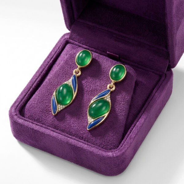 Vintage Palace Style Green Glass & Blue Resin Drop Earrings