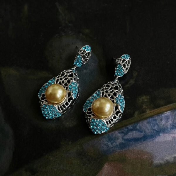 Vintage Palace Style Fashion Gold Bead & Blue Zircon Hollow Drop Earrings