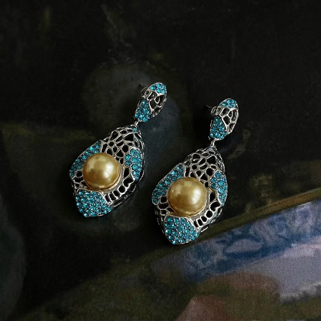 Vintage Palace Style Fashion Gold Bead & Blue Zircon Hollow Drop Earrings