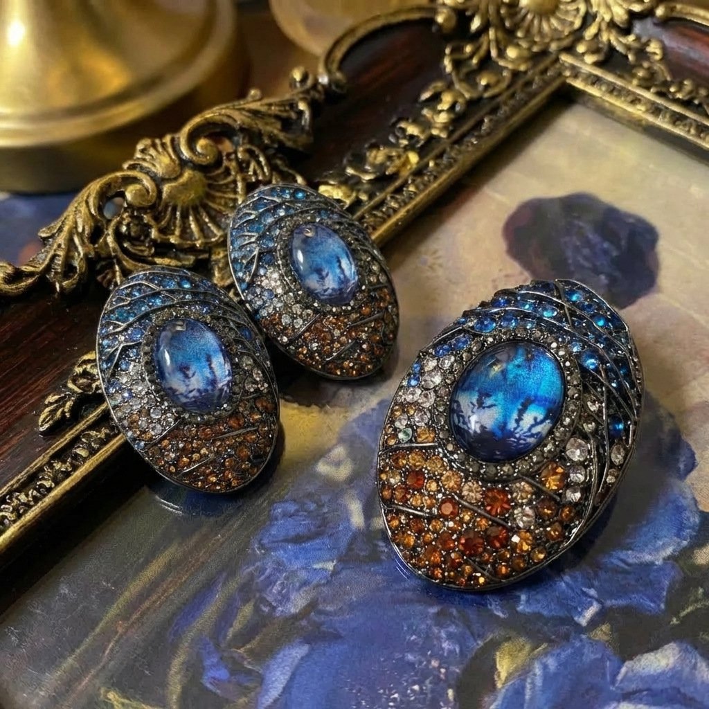 Vintage Unique Design Oval Glass Brooch & Earring Set