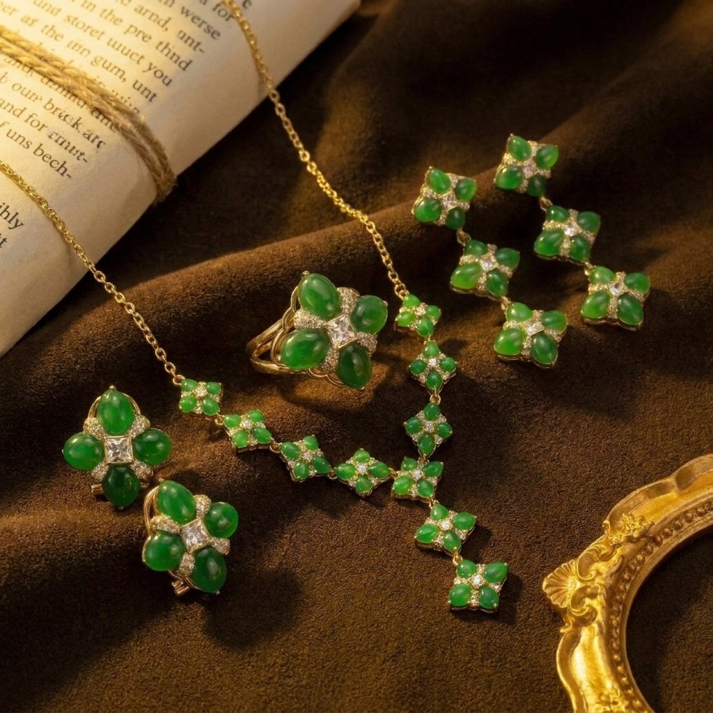 Vintage Luxury Warm Emerald Green Resin Four-Leaf Clover Set
