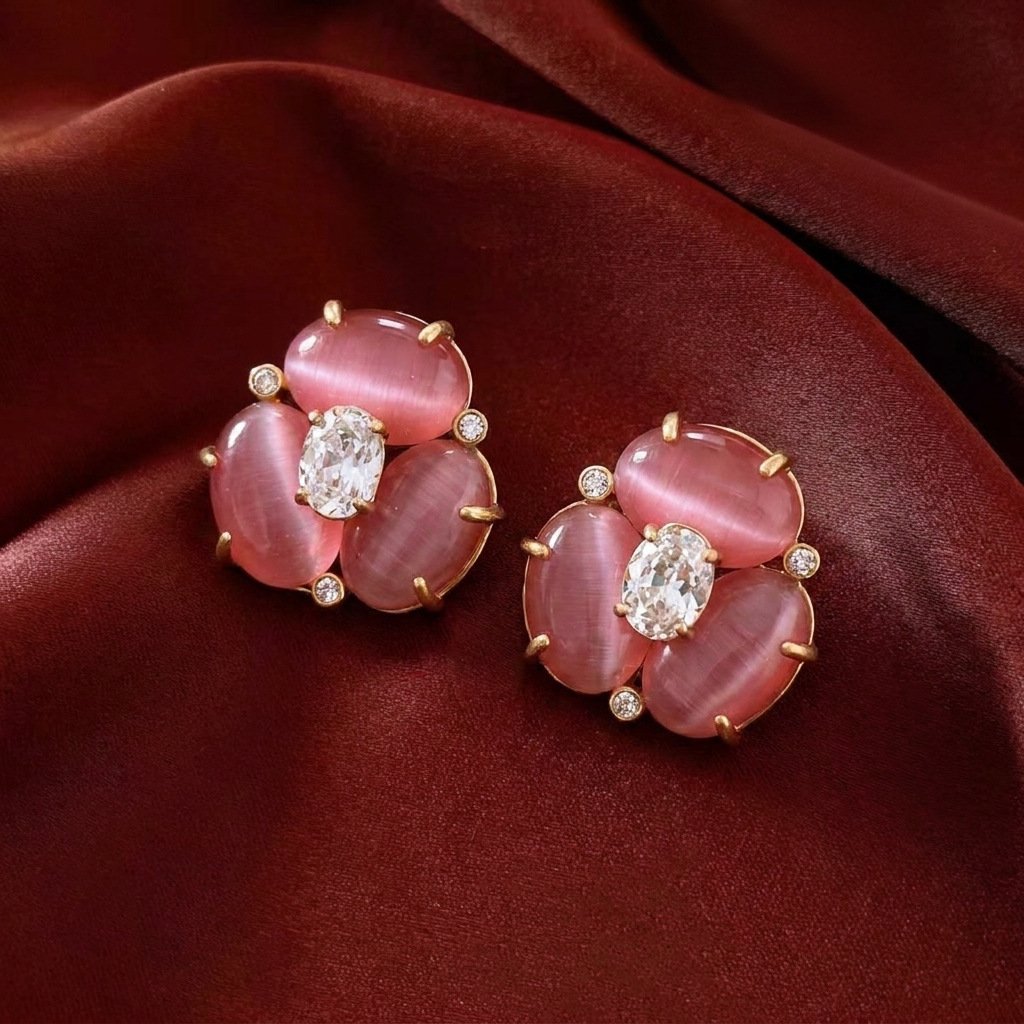 Vintage Soft Sakura Pink Cats Eye & Pearl Jewelry Set - Image 2