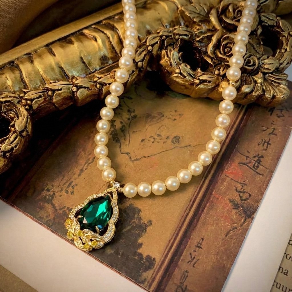 Vintage Eastern Inspired Emerald Green Pearl Necklace & Earring Set - Image 4