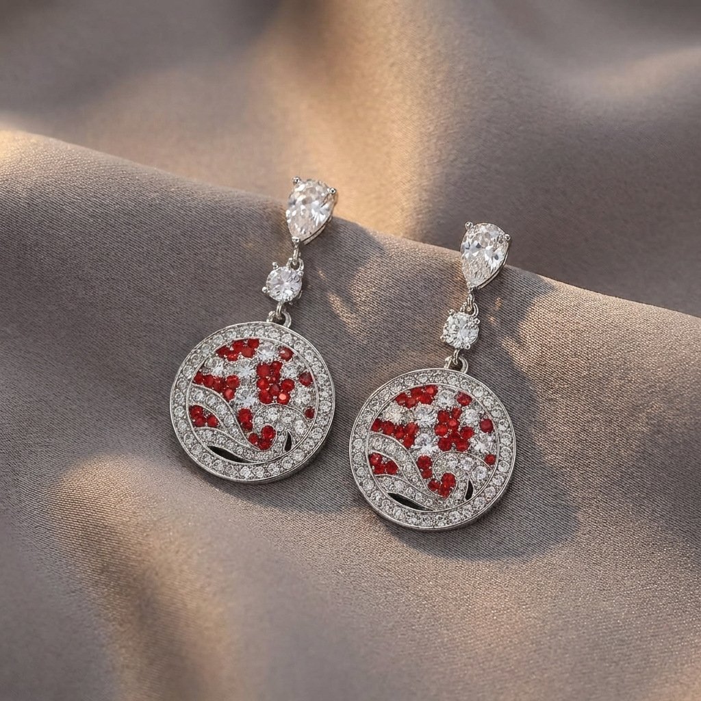 Vintage Eastern Inspired Ruby Wave Round Drop Earrings - Image 2