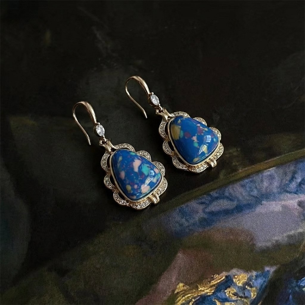 Vintage Palace Style Speckled Blue Stone Drop Earrings - Image 2