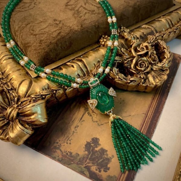 Vintage Eastern Inspired Green Glass Tassel Necklace