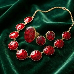 Vintage Palace Style Red Enamel Necklace, Ring & Earring Set