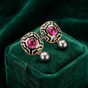 Vintage Palace Style Geometric Enamel Gray Pearl Stud Earrings