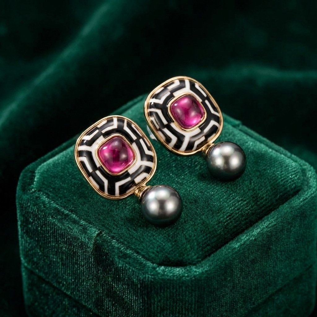 Vintage Palace Style Geometric Enamel Gray Pearl Stud Earrings - Image 2