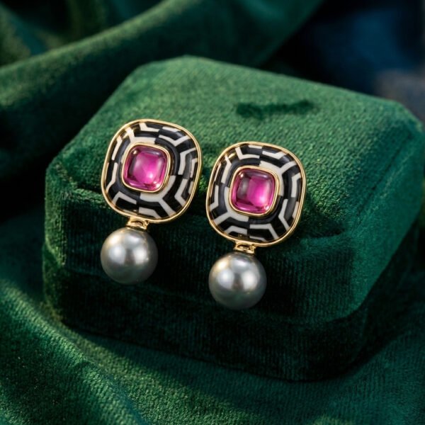 Vintage Palace Style Geometric Enamel Gray Pearl Stud Earrings