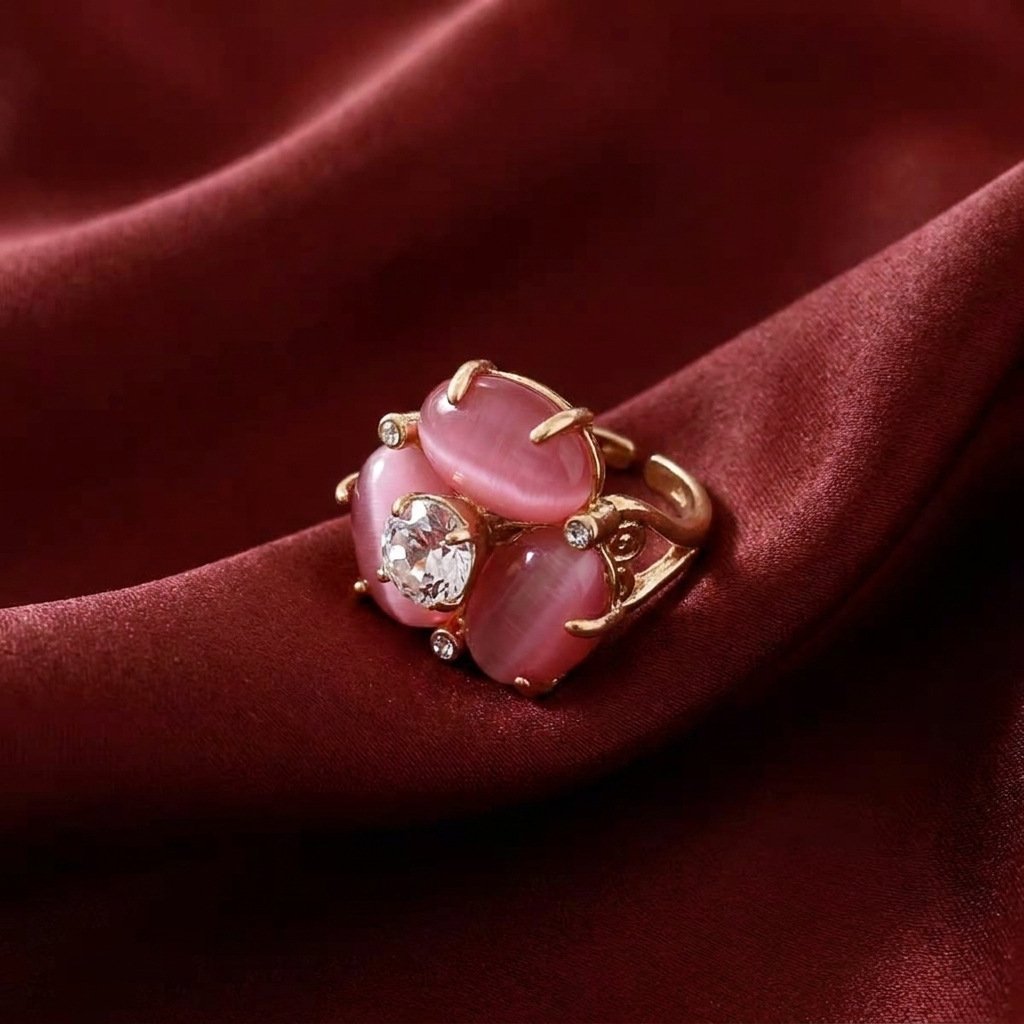 Vintage Soft Sakura Pink Cats Eye & Pearl Jewelry Set - Image 4