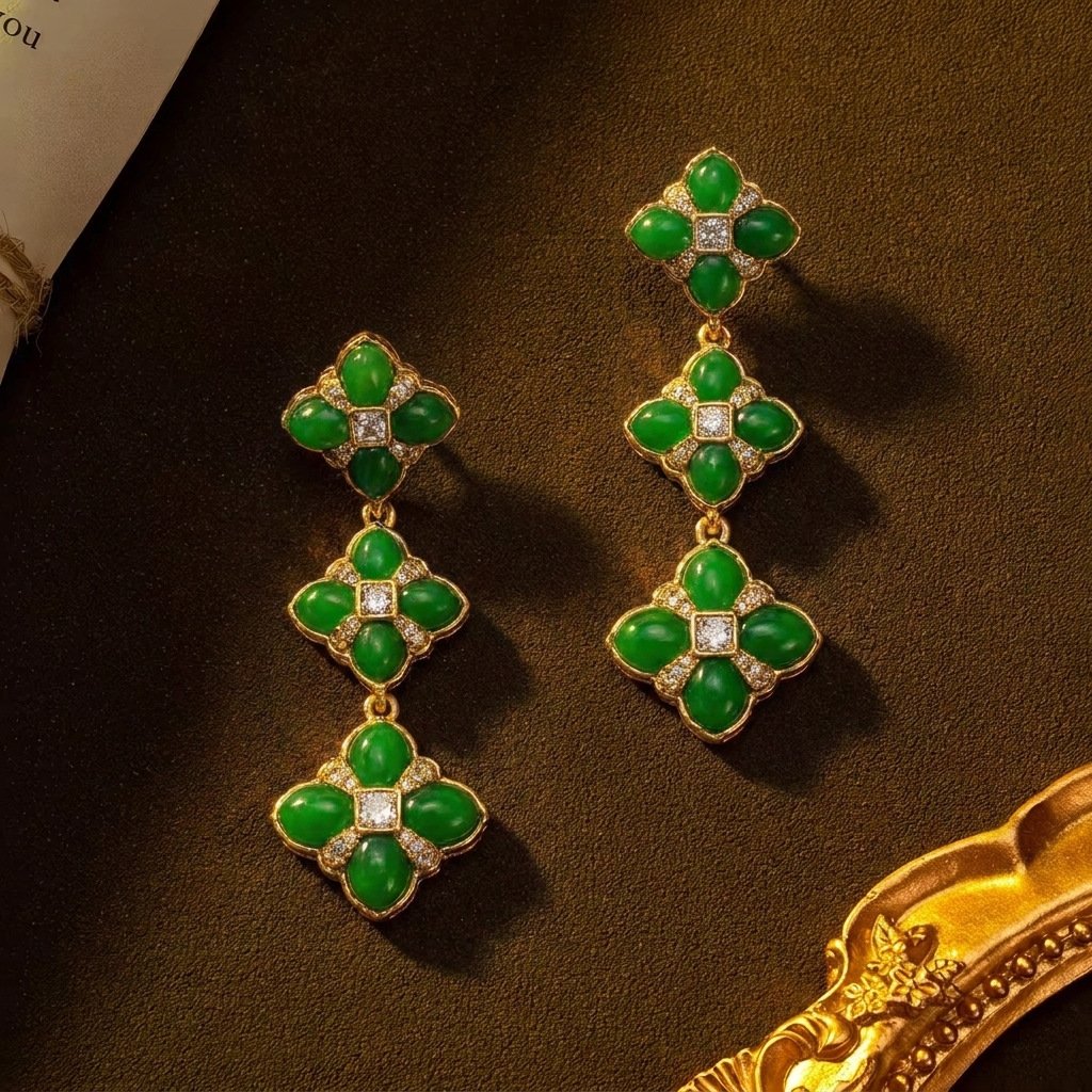 Vintage Luxury Warm Emerald Green Resin Four-Leaf Clover Set - Image 2