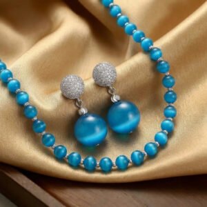 Vintage Luxury Blue Cat??s Eye Necklace & Earring Set